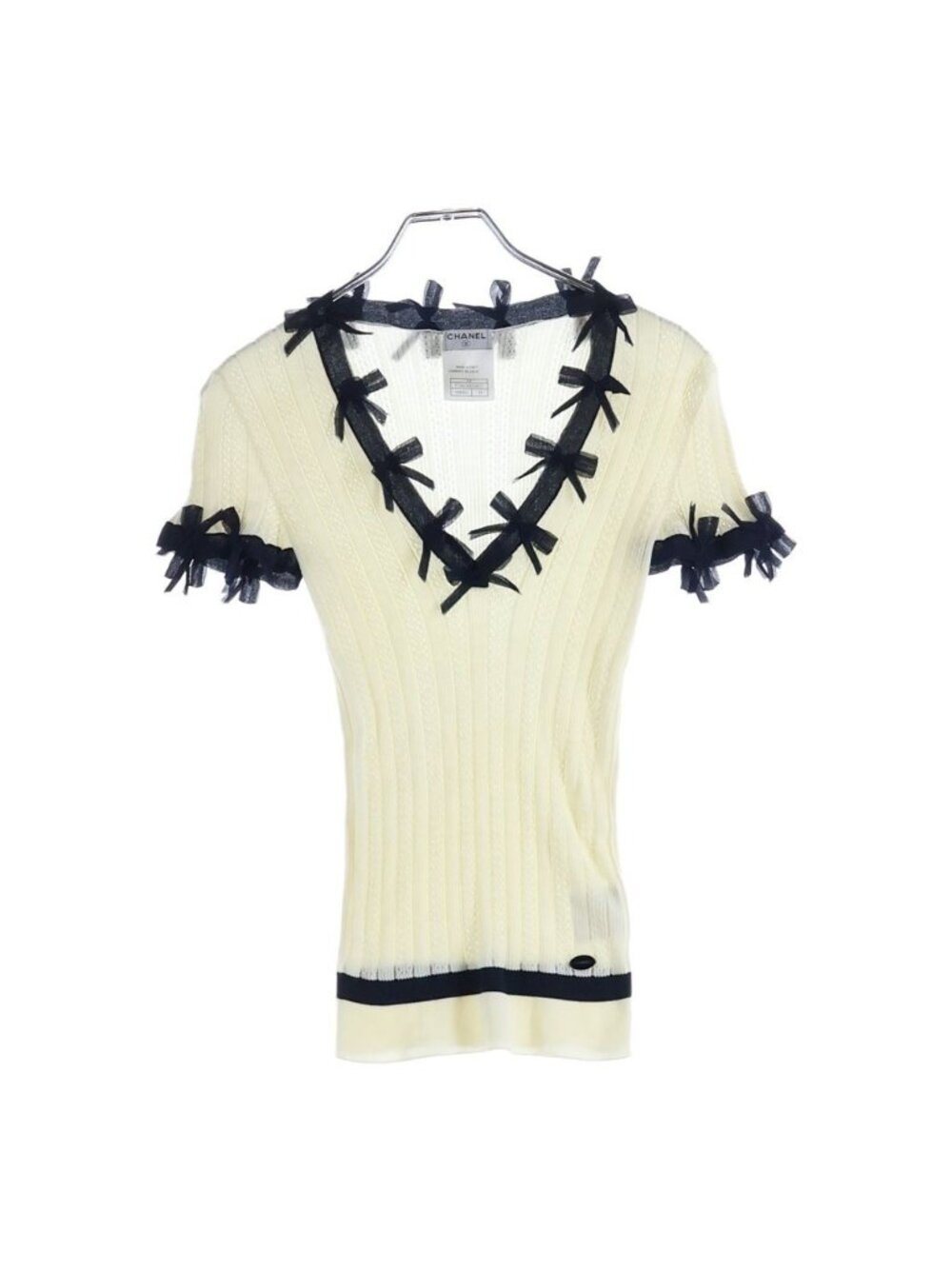 Chanel 06P Ribbon Motif Short Sleeve Knit Top V-neck Cotton White Navy Sweater